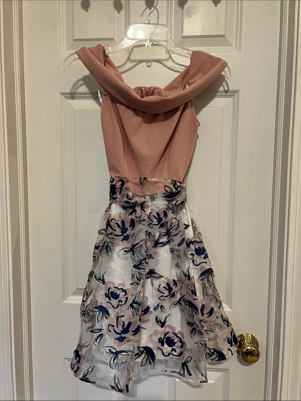 B Darlin Blush Pink Bodice with Navy & Blush Floral Skirt Dress